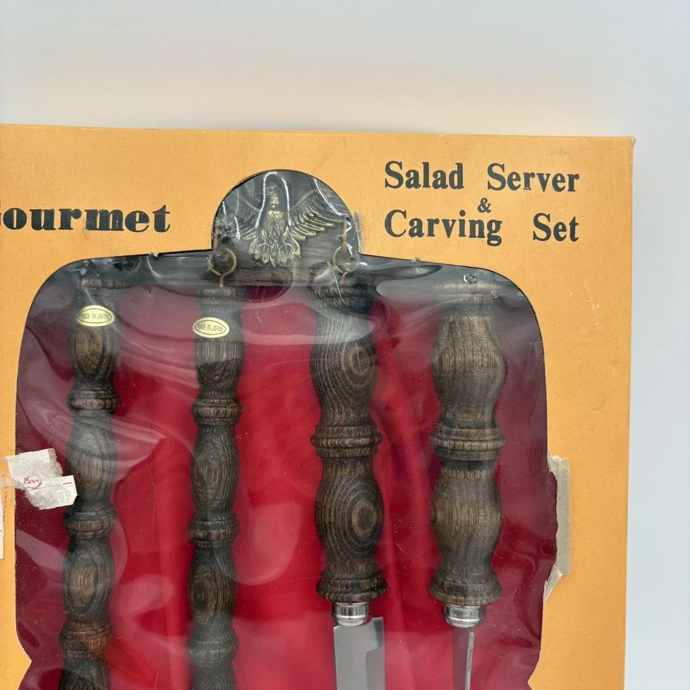1970's‎ Wood Handled Salad Serving & Carving Set Hanging Display NEW Retro Eagle